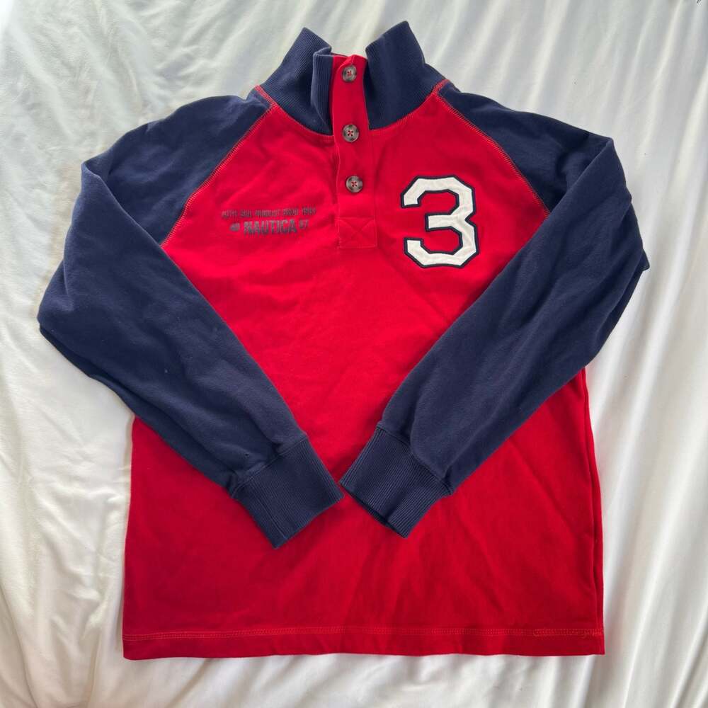 Nautica Boys Long Sleeve Rugby-Style Shirt Size L (14/16) Red and Navy #3